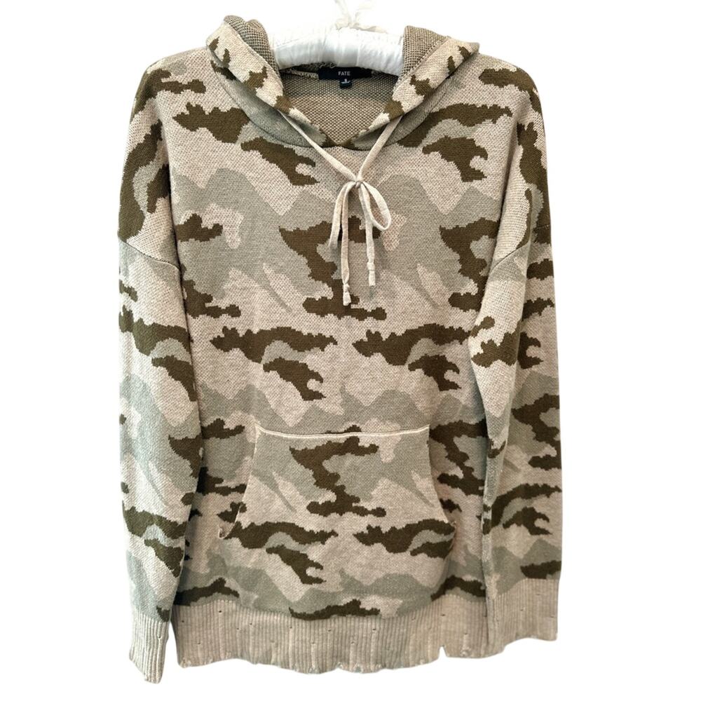 FATE | Camouflage Knit Distressed Hoodie Sweater | Size Small